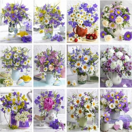 Huacan Full Square/round Diamond Painting Daisy Diamond Embroidery Mosaic Rose Flower Vase Home Decor