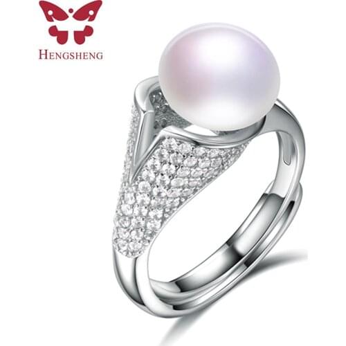 98 Zircon 9mm Genuine Natural Pearl Ring, 925 Sterling Silver Rings for Women Anniversary Ring Wedding Rings Silver 925 Jewelry
