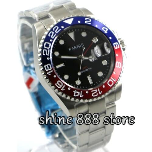 Parnis 40mm black dial Red and Blue Bezel GMT sapphire glass automatic mens watch