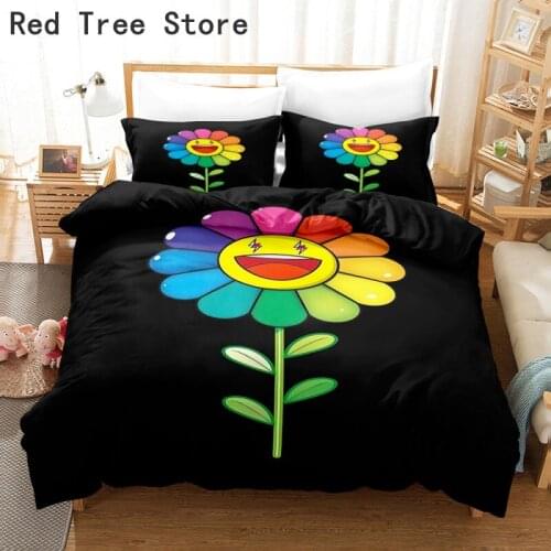 Smiling Face Flower Print Bed Linen Luxury Black Duvet Cover Pillowcase Set Room Textile Decoration Single Double Size Comforter
