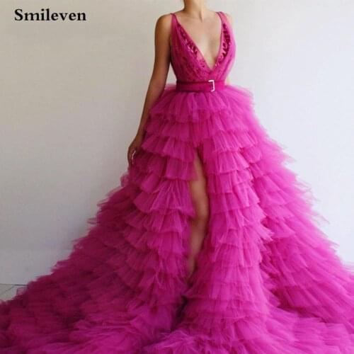 Smileven Sexy V Neck Prom Gowns Tiered With Sash Puff Tulle Long Evening Dress Prom Party Dresses Custom Made