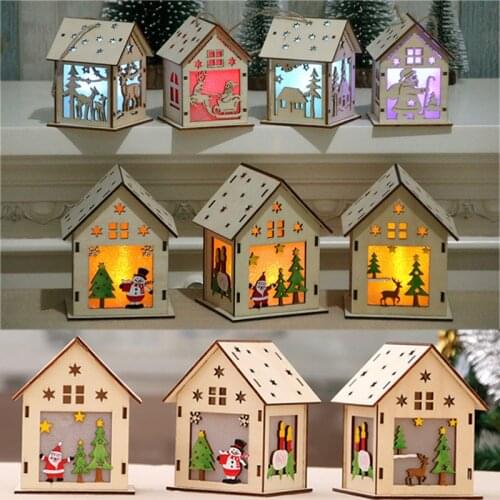 DIY Led Light Wooden House Christmas Tree Decoration Elk Santa Clause Snowman Hanging Pendant Merry Christmas Decor for Home