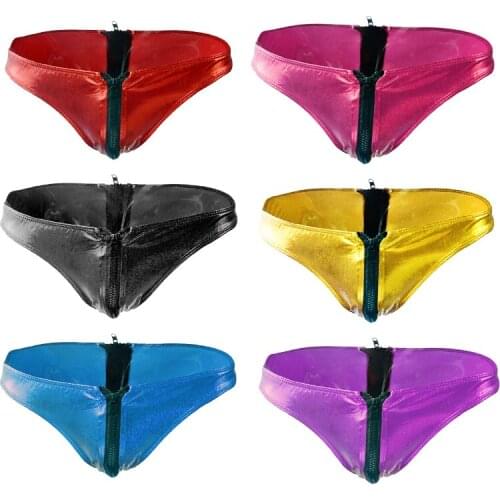 Men sexy underwear patent leather panties imitation leather double-headed zipper briefs PU open file breathable sexy temptation