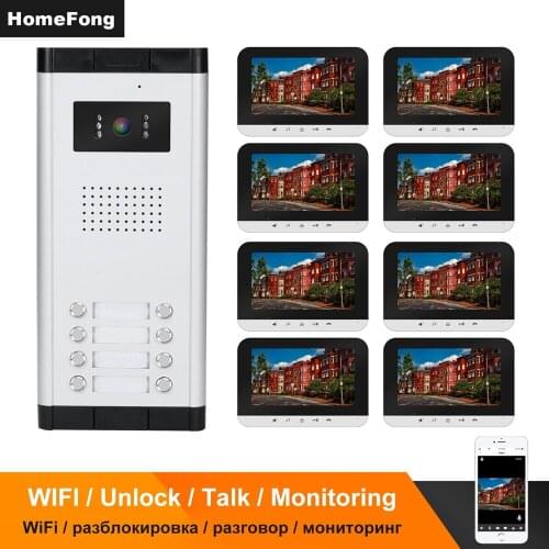 HomeFong WIFI Video Intercom for Apartment 8 Monitors 7 Inch Screen 8 Call Button Doorbell Smart Phone Unlock Talking Monitoring