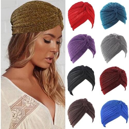 Women Turban cap Silver Gold Muslim Scarf shiny Streetwear Women Indian Hats Headscarf Drop Shippping Islamic Turban solid Hijab