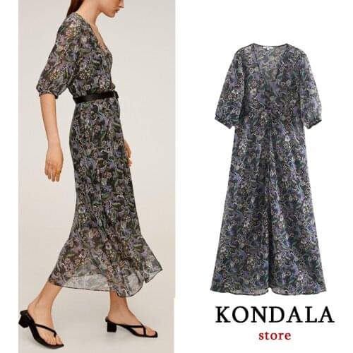 Women Dress Za 2020 Floral Print Vintage Mid-calf Chiffon Dress Half Sleeve V-neck Spring Dresses Female Elegant Vestidos Mujer