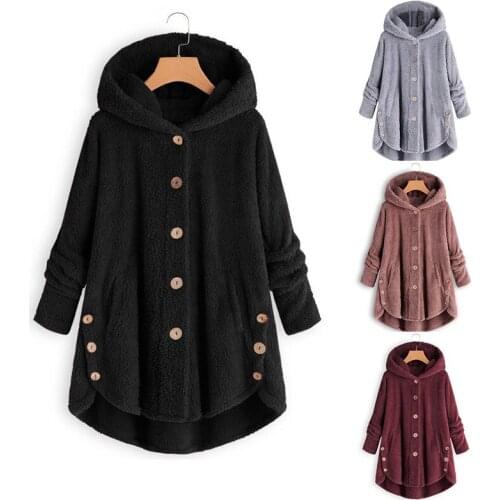 Women Warm Coat Loose Long Winter Asymmetrical Soft Fleece Hooded Outwear fur Coat Female Fluffy Tops Button Hooded Coat