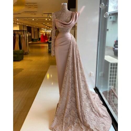 2021 Sexy Mermaid Prom Dresses Sheer Lace Beaded Long Sleeve High Neck Dusty Pink Dubai Women Formal Evening Party Gowns