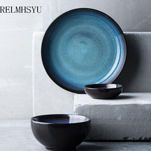 1PC RELMHSYU Japanese Style Blue Series Kiln Ceramic Rice Salad Bowl Tableware Household Round Dinner Plate Dish Set