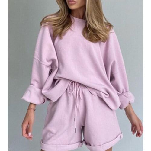 2020 Home Sweatpants Shorts Outfits Solid Casual Tracksuit Women Sports 2 Pieces Set Sweatshirts Pullover Hoodies Suit