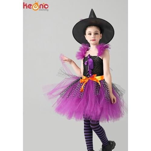 Girls Wicked Witch Halloween Costume Purple Black Kids Fancy Witch Tutu Dress with Hat Cosplay Dress for Children Carnival Party