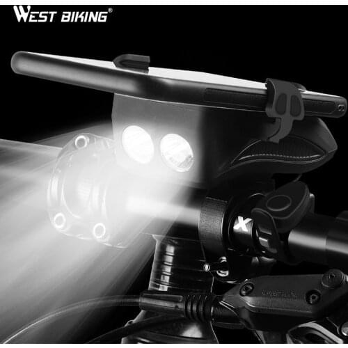WEST BIKING 4 in 1 Bicycle Light Flashlight Bike Horn Alarm Bell Phone Holder Power Bank Bike Accessories Cycling Front Light