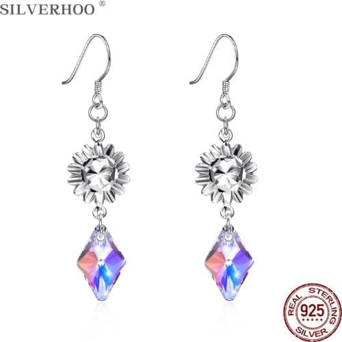 SILVERHOO 925 Sterling Silver Drop Earrings For Women Color Rhombus Austria Crystal Earrings Party Anniversary Gift Trend 2020