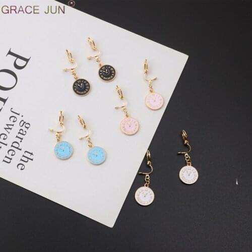 GRACE JUN 4 Color Available Time Alarm Clock Shape Clip on Earrings No Pierced Fashion Popular Student Gold Color Clip Earring