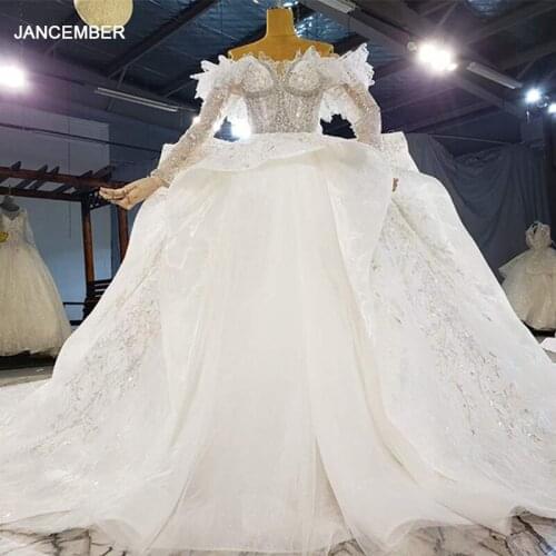 HTL2084 Long Sleeve Sexy V-Neck Ball-Gown Beaded Crystal Luxury Sequined Wedding Dress 2021 Lace Up Back