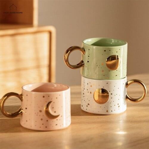 300ml Moon Sun Ceramic Mug Gold Handgrip Coffee Milk Cup Creative Home Office Water Cup Couple Gift