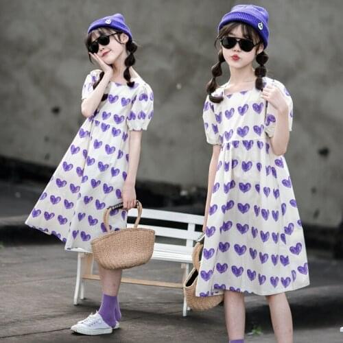 4 To 16 Years, 2021 New Girls Summer Dress Kids Clothes Teen Clothes Children 100% Cotton Dress Heart Pattern Short Sleve,#6081