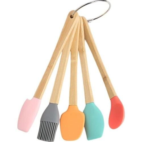Mini Baking Tool Color 5 Piece Sets Of Childrens Wooden Handle Silicone Kitchenet (color Box Buckle Ring) Bamboo Silicone Iron