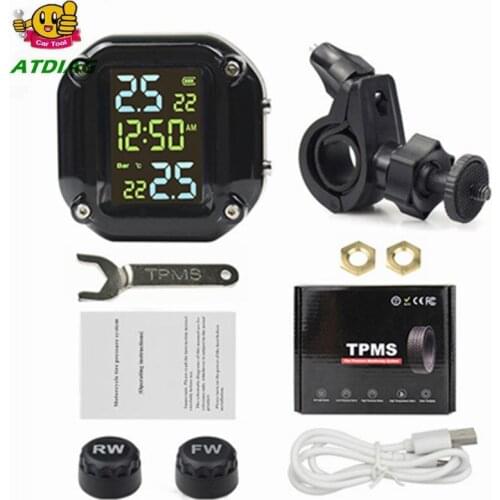 Motorcycle TPMS Motor Tire Pressure Tyre Temperature Monitoring Alarm System with 2 External Sensors USBCharging motos