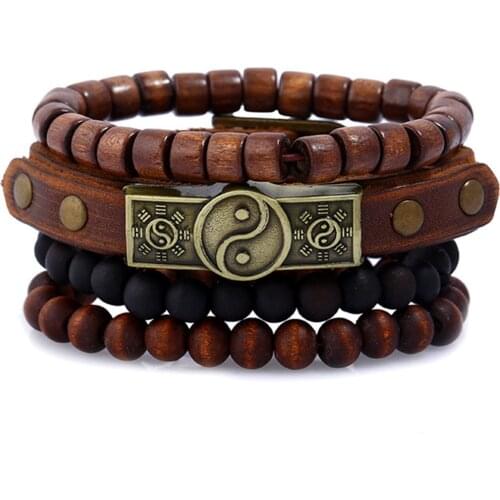 Taichi Believe Multilayer Feather Wooden Beads Wrap Woven Genuine Leather Men Bracelets Women Fashion Bangle male Jewelry