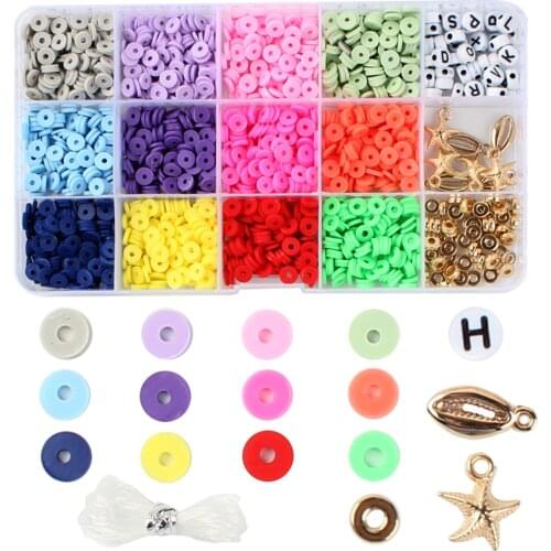 15 Grid Assorted Colors Mixed Flat Round Polymer Clay Beads Kit DIY Jewelry Making