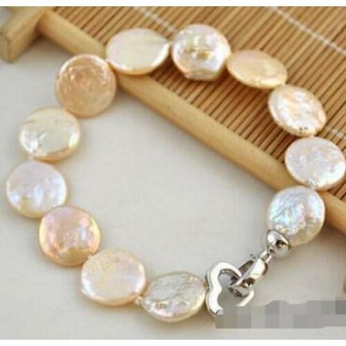 New hot 8" 15mm coin baby pink freshwater pearl bracelet