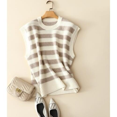 Autumn winter thick warm cashmere wool sleeveless striped sweaters women oversized fashion crew neck england styles pullovers