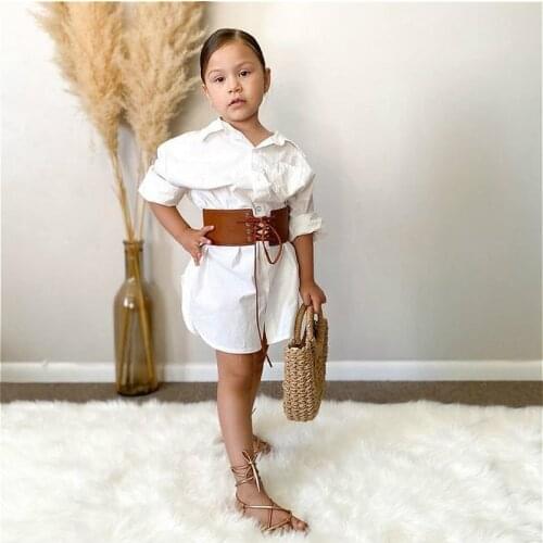 2Pcs Fashion Kids Girls Long Sleeve Lapel White Shirt Dress + Bandage Corset Waistband 2021 Summer Autumn Baby Clothes Set 0-6Y