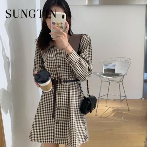Sungtin Casual A-line Mini Shirt Dress Women Long Sleeve Fashion Turn-down Collar Party Plaid Dress Summer 2020 Korean Vestidos