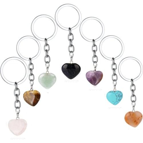 Natural Heart Stone Keychain Crystal Quartz Healing Stone Chakra Heart Key Chain Ring Keyring Wedding Party Lovers Jewelry Gift