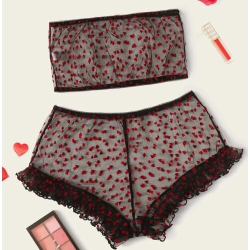Sexy Heart Print Mesh 2Pcs Set Lingerie Women Underwear See Through Tube Top+High Waist Shorts Babydoll Sleepwear Nightwear