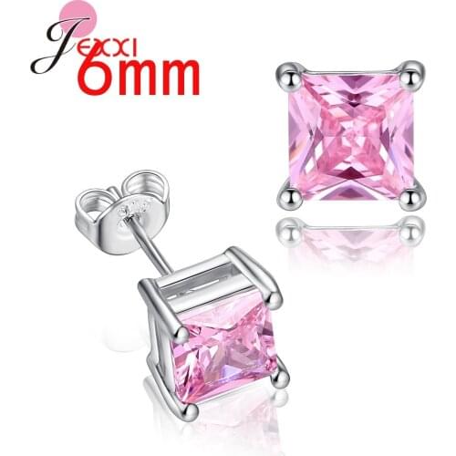 New Fashion Square Stud Earrings Women Cubic Zirconia 925 Sterling Silver Jewelry Pink White CZ Stud Earrings For Female
