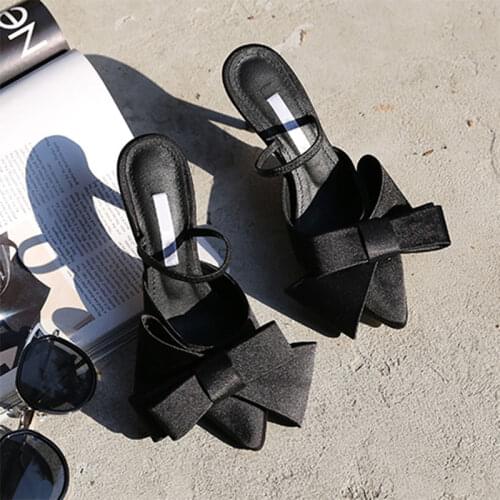 Summer New Satin Surface Large Bow Pointed High Heel Womens Slippers Thin Heeled Baotou Slippers Women