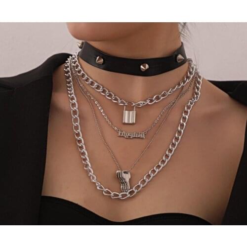 Cool Punk Style Taper Studs PU Leather Choker Multi Layered Chains with Keys and Lock Fashion Pendant Necklace