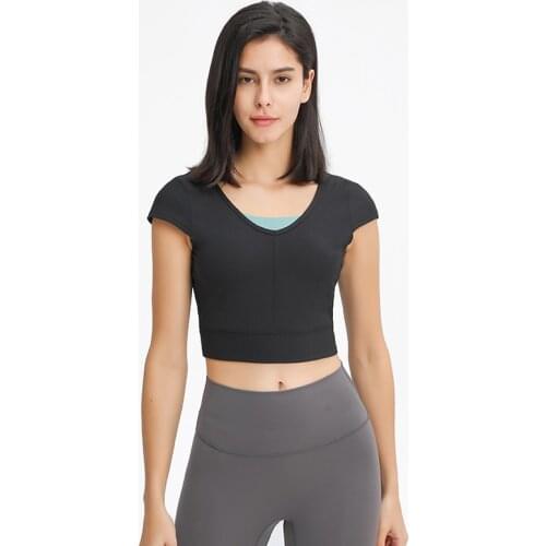 Ribbed V-Neck Gym Tops For Women Short Sleeve Yoga Athletic Shirts Open Back Fitness Crop Top Summer Workout Clothes