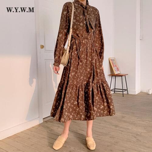 WYWM New Summer Bow Floral Print Dress Women Vintage Casual Chic Female Dresses Long Sleeve A Line Elegant Ladies Dress Sundress