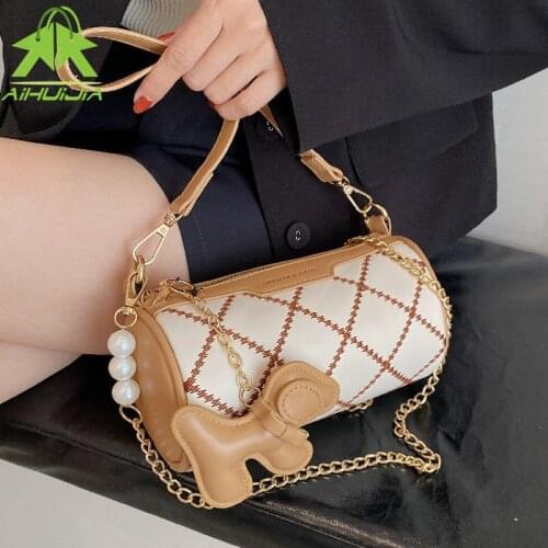Luxury Embroidery Thread Woman Handbag Fashion Pearl Chain Shoulder Bags New Designer Female Round Barrel Shape Messenger Bag
