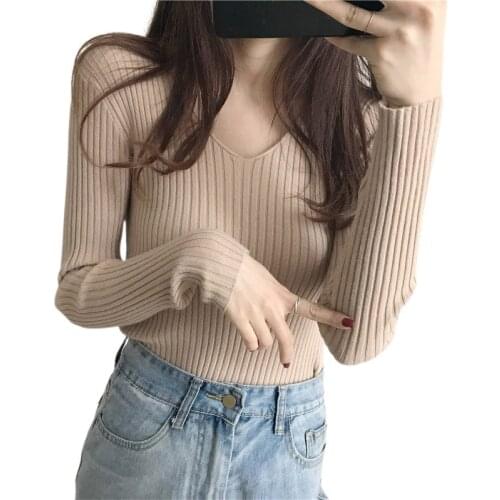 Anbenser Women Autumn Sweater Knitted Jumper Slim Soft Long Sleeve V-Neck Knit Pullover Slim Stretch Tight Sweaters Pullovers