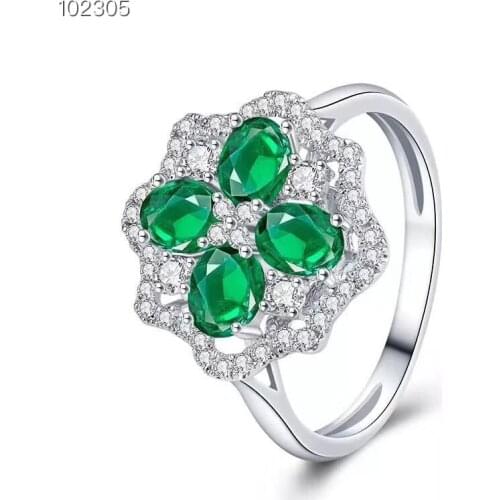 Fashion lucky Clover Flower Natural green emerald gem Ring S925 Silver Natural Gemstone Ring Women girl party gift fine Jewelry