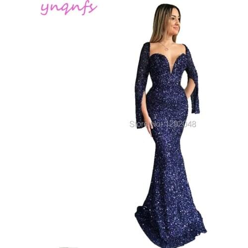 YNQNFS E38 Women Elegant Cap Sleeve Bling Sequin Gown Mermaid Navy Blue Evening Dress 2019 Long Sleeve