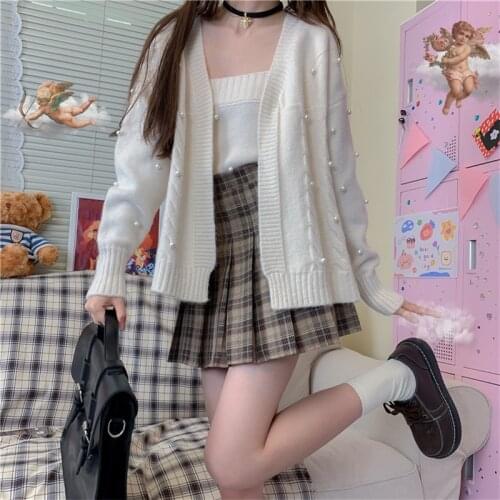 Winter Cute Cashmere Sweater Women Sweet Pink 2 Piece Suit Cardigan Jacket Soft Girl V-neck Vintage Pearl Wool Knitted Sweaters