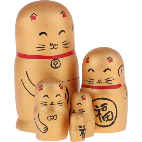 5 Pieces Wooden Babushka Russian Nesting Doll Hand Painted Lucky Cat Golden