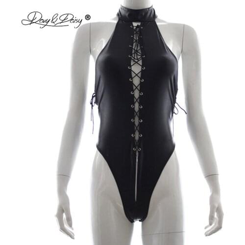 DAVYDAISY Women Sexy Bodysuits Lace Up PU Leather Backless Wetlook Catsuits Sexy Lingerie Teddies Underwear Sexy Costumes TE508