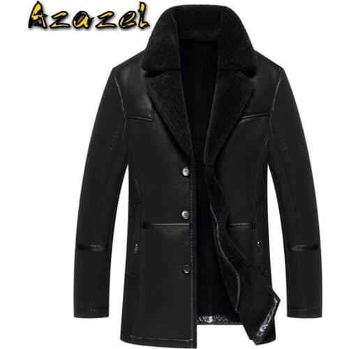 Patch Designs Winter Mens Fur Leather Jacket Streetwear Vintage Mens Faux Sheepskin Fur Line Leather Coats Plus Size 4XL A001