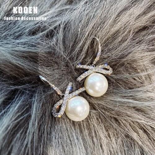 Elegant zircon bow Pearl Pendant Earrings for woman‘s Sexy nightclub jewelry exaggerated Halloween party girls unusual Earrings
