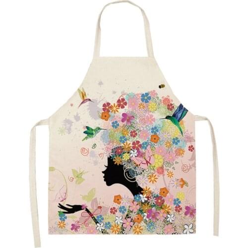 Cotton Linen Aprons Flower Butterfly Girl Printed Kitchen Aprons for Women Home Cooking Flower Baking Waist Bib Pinafore