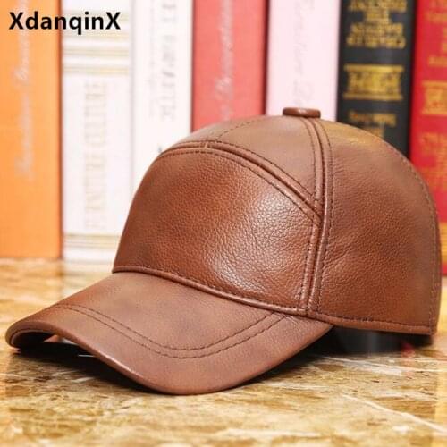 XdanqinX Natural Genuine Leather Hat Autumn Winter Mens Cowhide Leather Baseball Cap Men Brand Hat Adjustable Size Snapback Cap