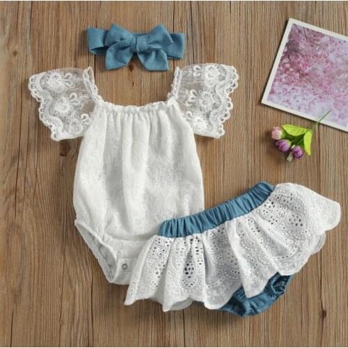 Baby Girl’s Clothes Set Summer Fresh Lace Boat Neck Romper and Ruffles Short Pants with Headband Babys Sets