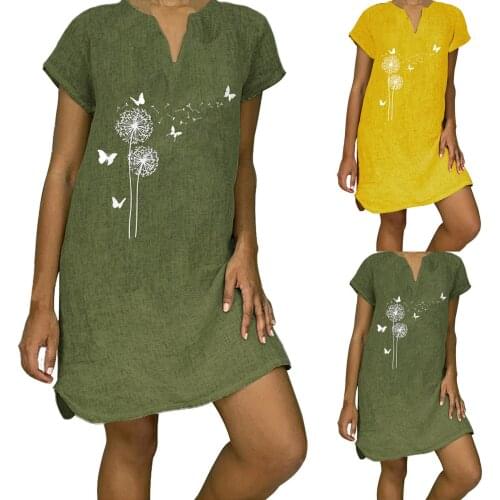 Summer Casual Print Short Sleev Bohemian Beach Mini Dress Womens Vintage Cotton Linen Short Sleeve Dress vestido de mujer 2021