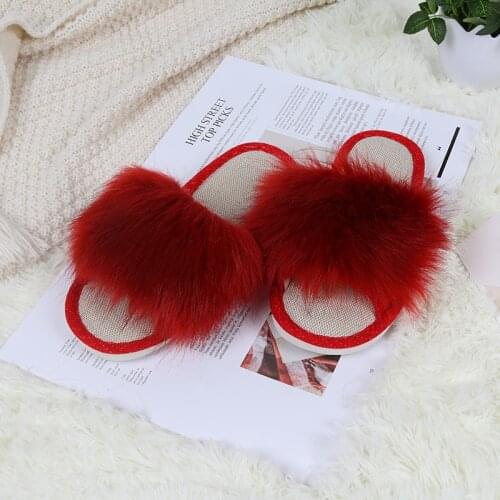 MLJUFEE Women Slippers Faux Fur Fluffy Autmn Winter Red Color Open Toe Fuzzy Cozy Bedroom Home Furry Slippers